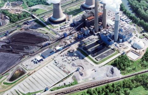 exterior of conemaugh plant with steam rising from plant stacks